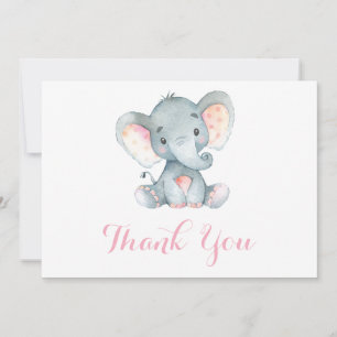 Cute Elephant Baby Girl Pink and Grey Bedankkaart