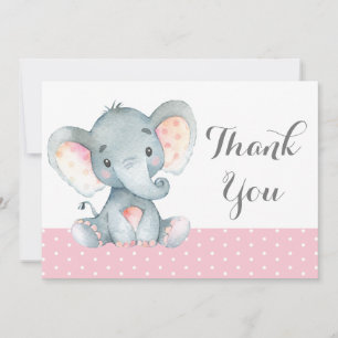 Cute Elephant Baby Girl Pink and Grey Bedankkaart
