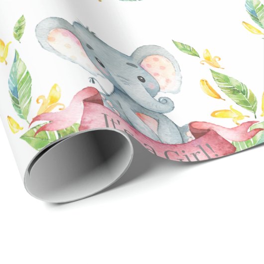 Cute Elephant Baby Girl Pink and Grey Cadeaupapier (Rol Hoek)