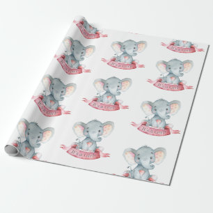 Cute Elephant Baby Girl Pink and Grey Cadeaupapier