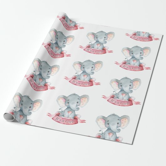 Cute Elephant Baby Girl Pink and Grey Cadeaupapier (Uitgerold)