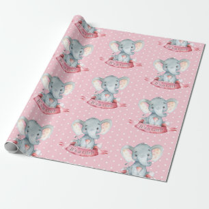 Cute Elephant Baby Girl Pink and Grey Cadeaupapier