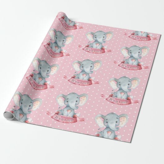Cute Elephant Baby Girl Pink and Grey Cadeaupapier (Uitgerold)