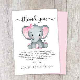 Cute Elephant Baby Girl Shower Bedankkaart