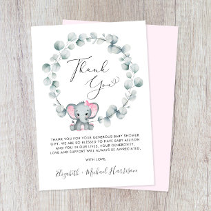 Cute Elephant Baby Girl Shower Bedankkaart