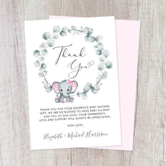 Cute Elephant Baby Girl Shower Bedankkaart