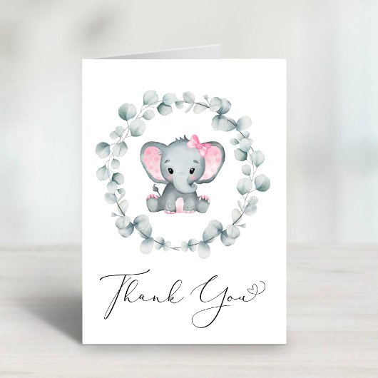 Cute Elephant Baby Girl Shower Bedankkaart