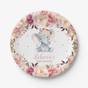 Cute Elephant Baby shower Blush Floral Dessert 7" Papieren Bordje