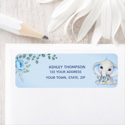 Cute Elephant Baby shower Boy Blue Floral Address Etiket (Insitu)
