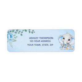 Cute Elephant Baby shower Boy Blue Floral Address Etiket