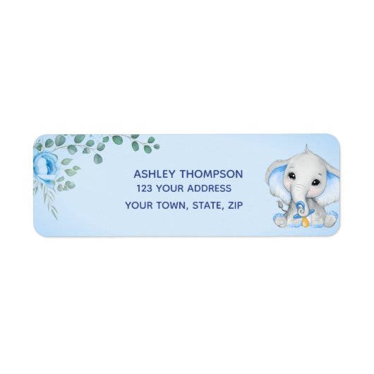 Cute Elephant Baby shower Boy Blue Floral Address Etiket (Voorkant)