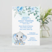 Cute Elephant Baby shower Boy Blue Floral Kaart (Staand voorkant)