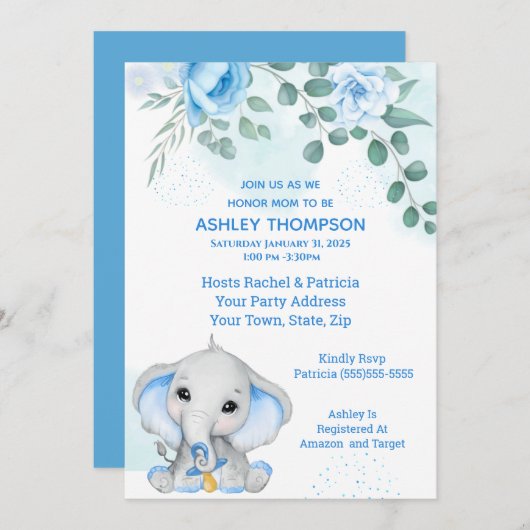 Cute Elephant Baby shower Boy Blue Floral Kaart (Voorkant / Achterkant)
