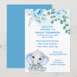 Cute Elephant Baby shower Boy Blue Floral Kaart