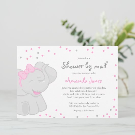Cute Elephant Baby shower Girl 🎀 🐘 Uitnodiging (Staand voorkant)