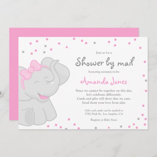 Cute Elephant Baby shower Girl 🎀 🐘 Uitnodiging (Voorkant / Achterkant)