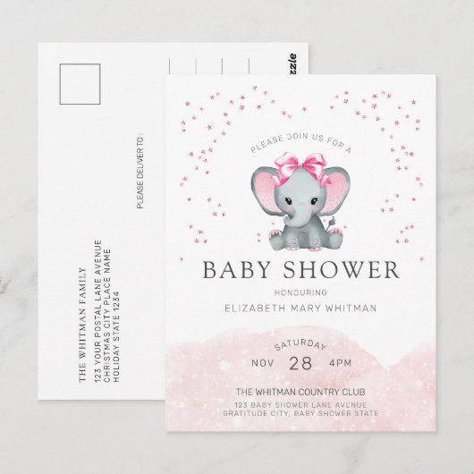 Cute Elephant Baby shower Invitation Briefkaart (Voorkant / Achterkant)