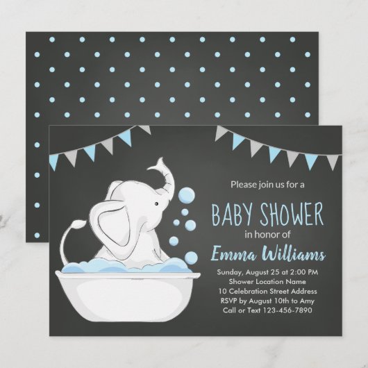 Cute Elephant Baby shower Invitation for Boy Blue Kaart (Voorkant / Achterkant)