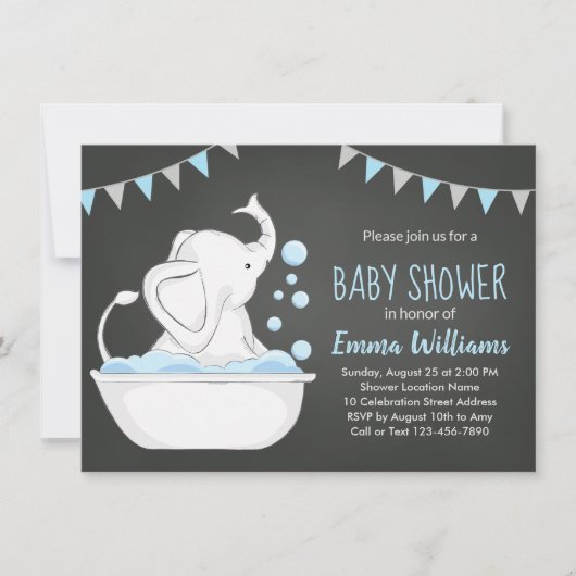 Cute Elephant Baby shower Invitation for Boy Blue Kaart (Voorkant)