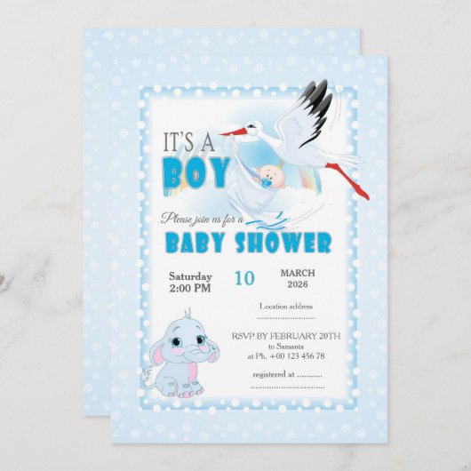 Cute Elephant Baby Shower Invitation. It is a boy Kaart (Voorkant / Achterkant)