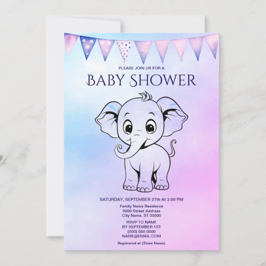 Cute Elephant Baby shower Invitation Kaart (Voorkant)