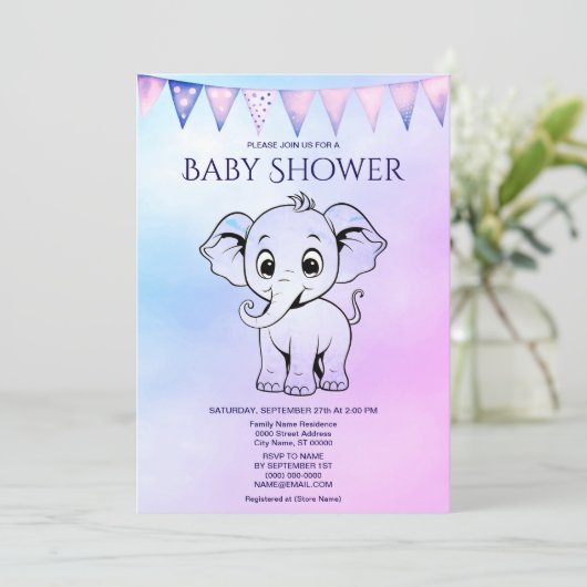 Cute Elephant Baby shower Invitation Kaart (Staand voorkant)