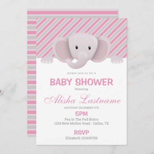 Cute Elephant Baby shower Invitation Kaart (Voorkant / Achterkant)