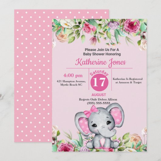 Cute Elephant Baby shower Invitation Kaart (Voorkant / Achterkant)