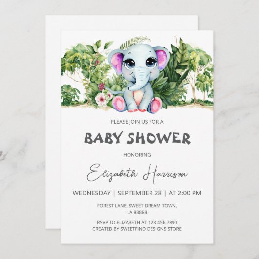 Cute Elephant Baby shower Kaart (Voorkant / Achterkant)