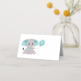 Cute Elephant Ballon Blue Place Card Plaatskaartje