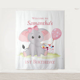Cute Elephant ballon Girl Birthday Backdrop Wandkleed