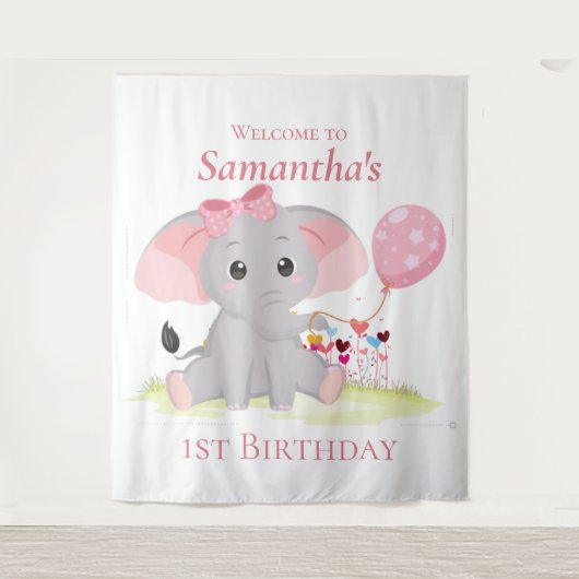 Cute Elephant ballon Girl Birthday Backdrop Wandkleed (Voorkant)