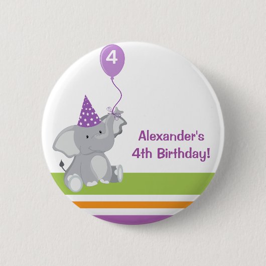 Cute Elephant & Balloon Birthday Party Button (Voorkant)