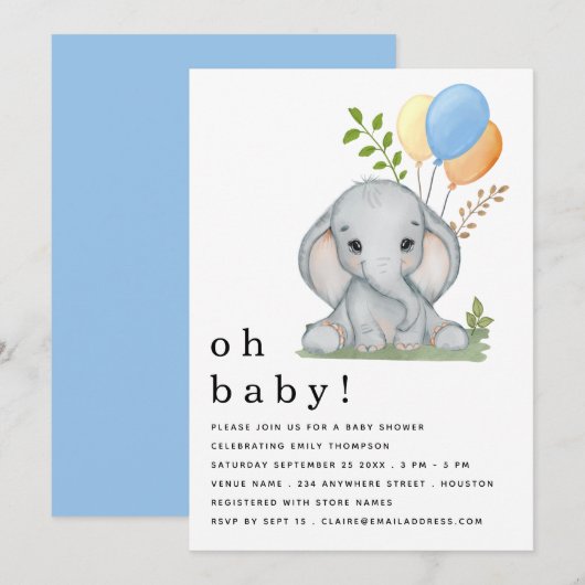 Cute Elephant Balloons Blue Boy Baby shower Kaart (Voorkant / Achterkant)