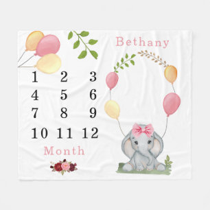 Cute Elephant Balloons Girl Milestone Fleece Deken