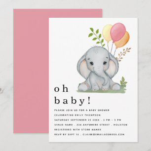 Cute Elephant Balloons Pink Girl Baby shower Kaart