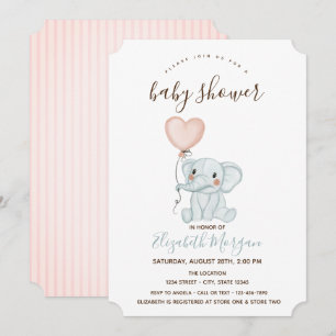 Cute Elephant Balloons Pink Stripes Baby shower Kaart