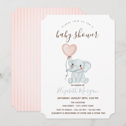 Cute Elephant Balloons Pink Stripes Baby shower Kaart (Voorkant / Achterkant)