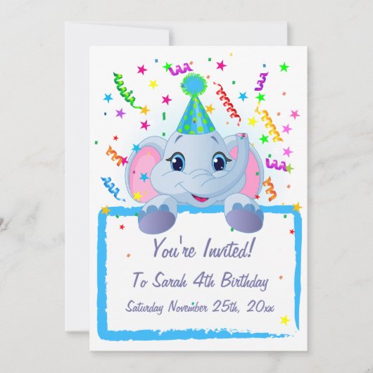 Cute Elephant Birthday Invites Kaart (Voorkant)