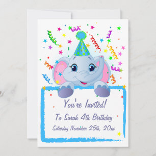Cute Elephant Birthday Invites Kaart