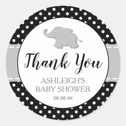 Cute Elephant Black White Polka Dot Baby shower Ronde Sticker (Voorkant)