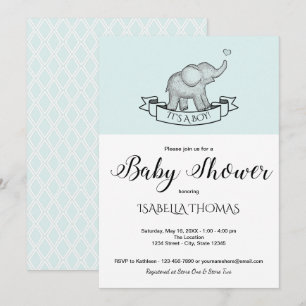 Cute Elephant Blue Baby shower Invitation Kaart