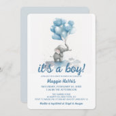 Cute Elephant Blue Baloons Het is een Baby shower  Kaart (Voorkant / Achterkant)