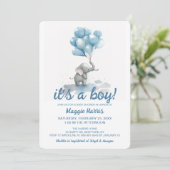 Cute Elephant Blue Baloons Het is een Baby shower  Kaart (Staand voorkant)