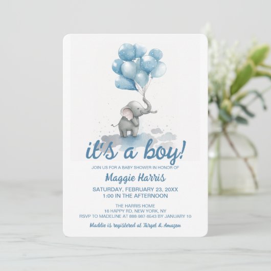 Cute Elephant Blue Baloons Het is een Baby shower Kaart (Staand voorkant)
