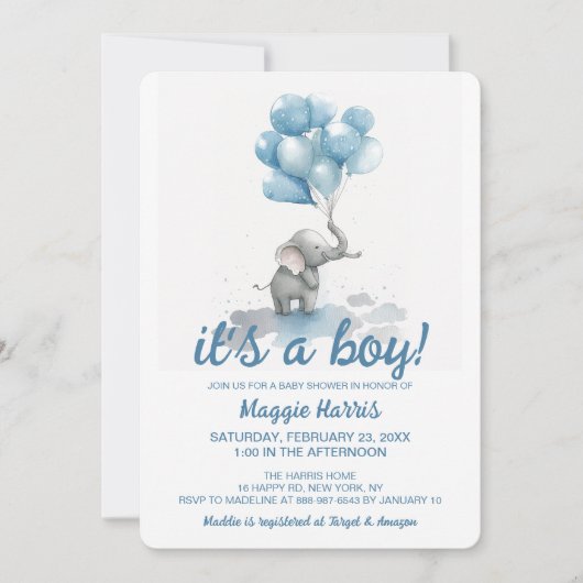 Cute Elephant Blue Baloons Het is een Baby shower  Kaart (Voorkant)