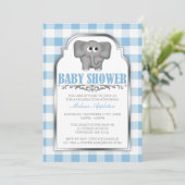 Cute Elephant Blue Gingham Baby Shower Invitations Kaart (Staand voorkant)