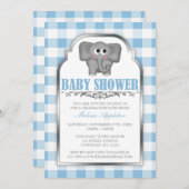 Cute Elephant Blue Gingham Baby Shower Invitations Kaart (Voorkant / Achterkant)