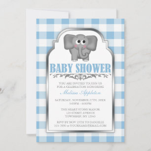 Cute Elephant Blue Gingham Baby Shower Invitations Kaart