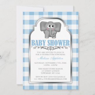 Cute Elephant Blue Gingham Baby Shower Invitations Kaart